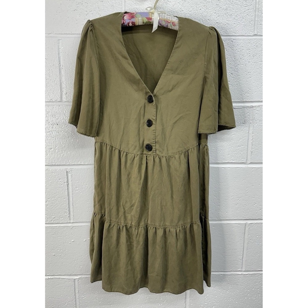 Mango MNG‎ Buttoned Mini Smock Dress Olive Khaki / Women's 4